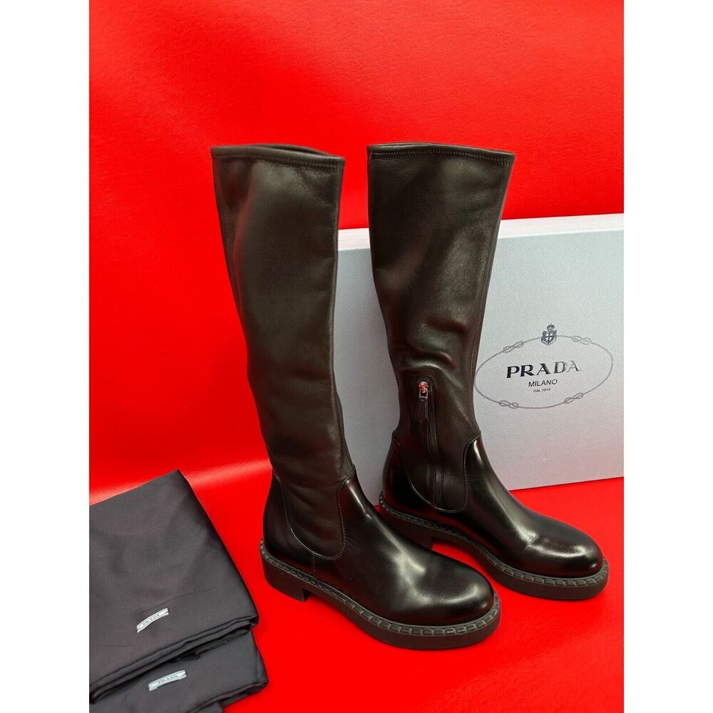 Prada Knee High Black Nappa Leather Stretch Moto Boots Size 36 1/2 Made Italy - Picture 2 of 15